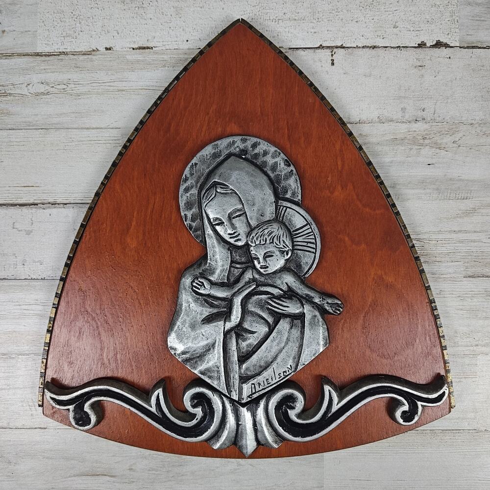 Vintage A. Neilson Pewter Plaque Madonna & Child Mounted On Wood Base Canada